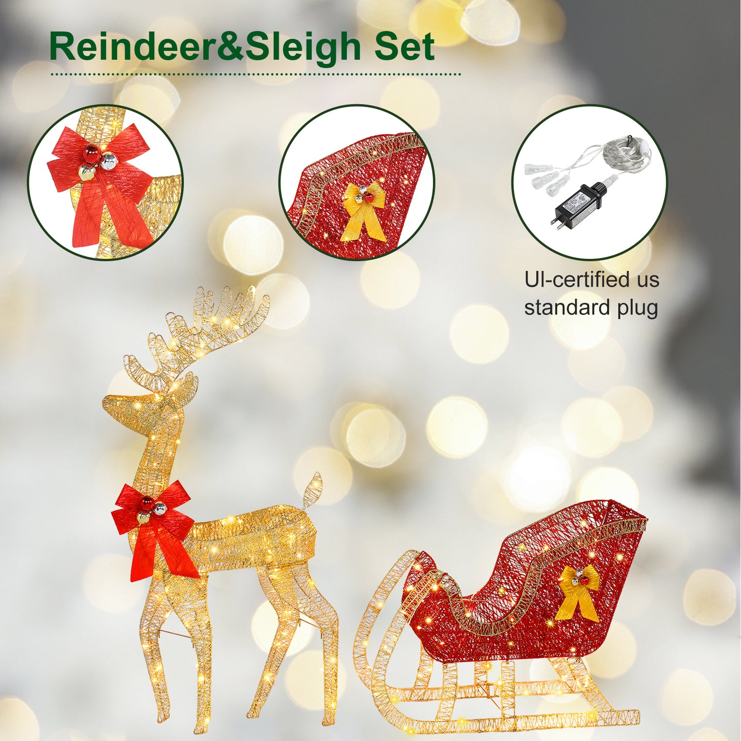 74*20*120cm 30.00V 3.60W Golden Elk Deer Sled Iron Frame Cotton Thread Green Onion Powder Courtyard Elk Decoration