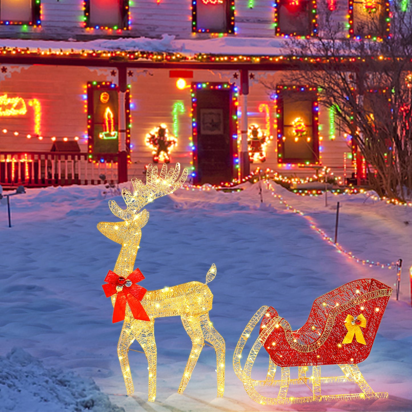 74*20*120cm 30.00V 3.60W Golden Elk Deer Sled Iron Frame Cotton Thread Green Onion Powder Courtyard Elk Decoration