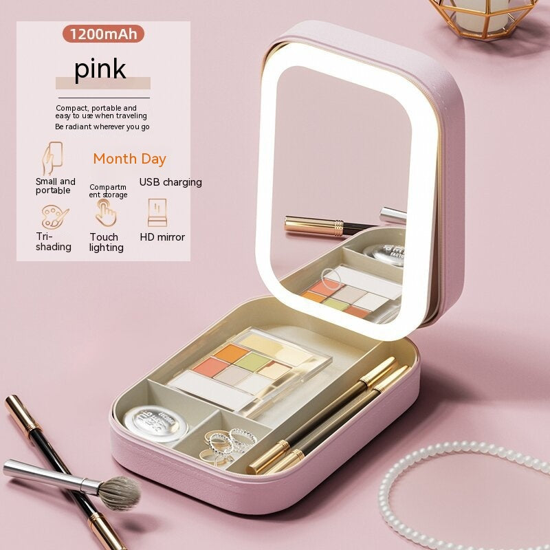 Makeup Storage Box With LED Light Mirror Portable Travel Makeup Cosmetics Touch Light Storage Organizer2