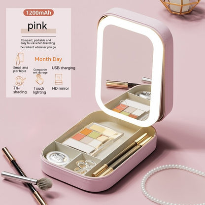 Makeup Storage Box With LED Light Mirror Portable Travel Makeup Cosmetics Touch Light Storage Organizer2