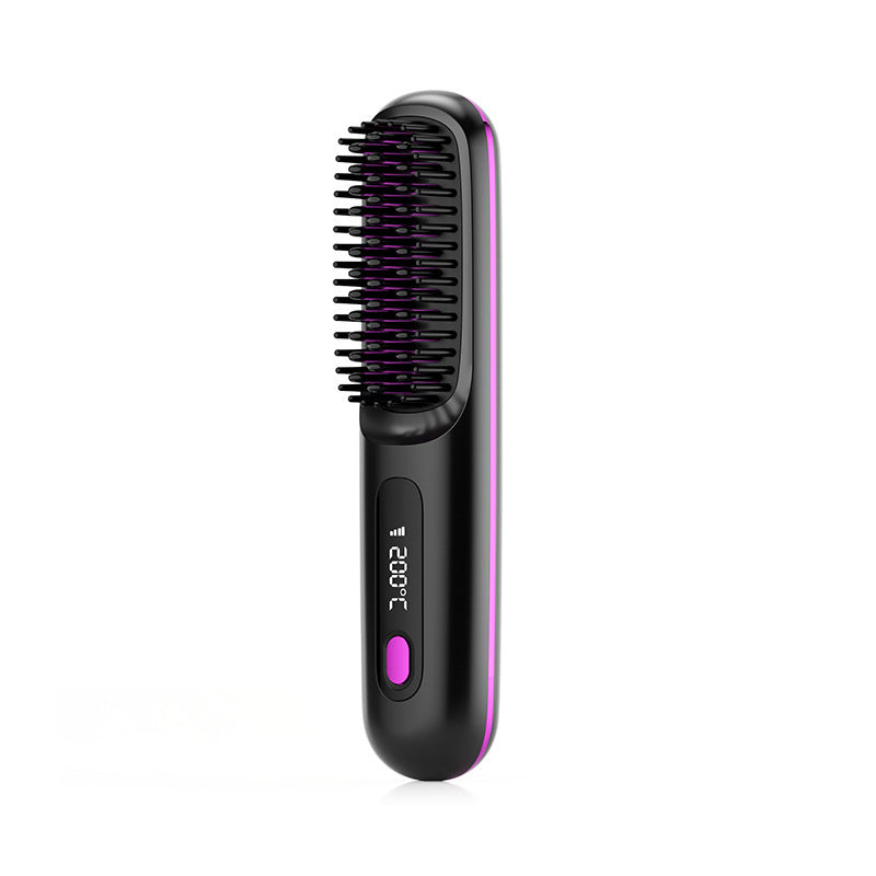 2 In 1 Straight Hair Comb Wireless Hair Straightener Brush Hair  Portable USB Charging black