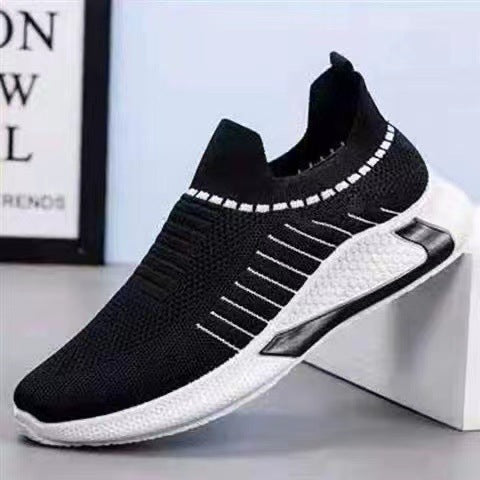 Fashion Mesh Sock Shoes With Striped Design Men Outdoor Breathable Slip-on Sneakers Csuale Lightweight Running Sports Shoes blk and white