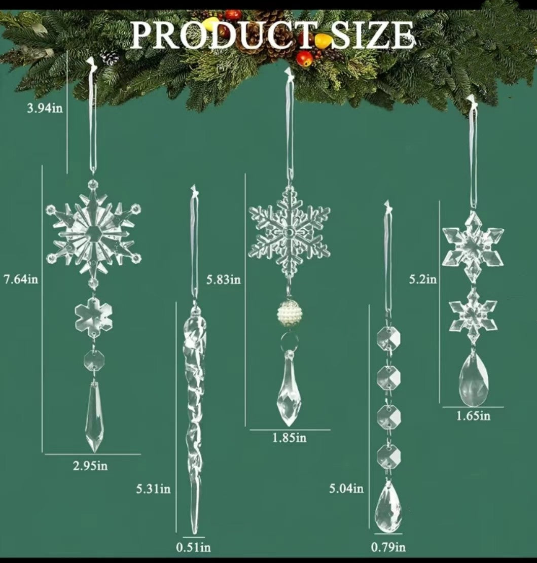 10pcs Christmas Tree Hanging Pendants Acrylic Ice Strip Snow Ceiling Xmas Ornaments sizes